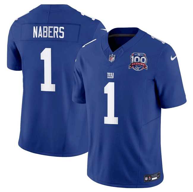 Men & Women & Youth New York Giants #1 Malik Nabers Blue 2024 Draft F.U.S.E. 100TH Season Patch Vapor Untouchable Limited Stitched Jersey